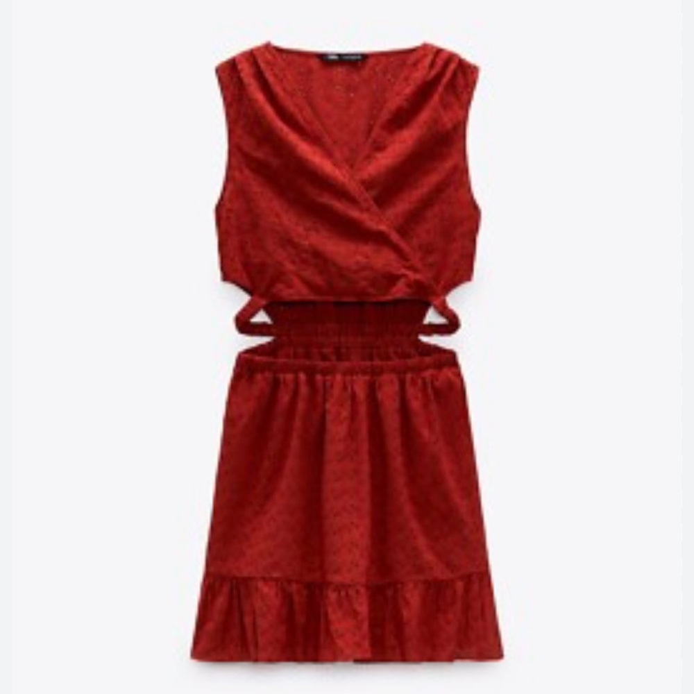 Zara Rust Eyelet Cutout Dress Size M Sleeveless Summer Boho Ruffle Hem
